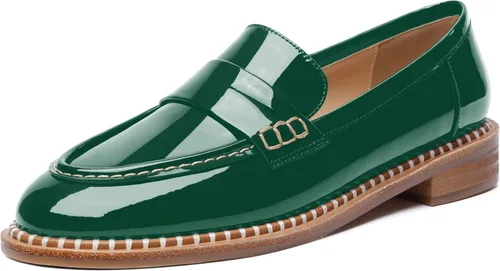 Vista 13 de FOGEENA Mocasines de tacón bajo para mujer, estilo casual, puntera redonda, de charol grueso, de 1 pulgada