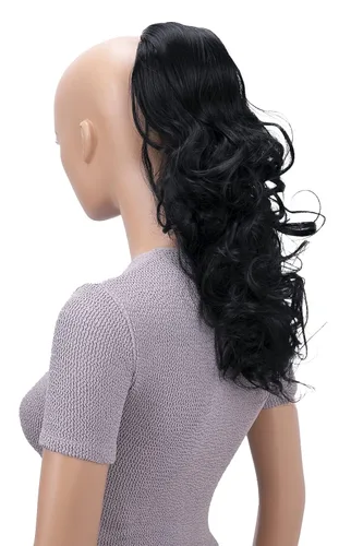 Vista 4 de Pttyshop, extensión de cola de caballo, ondulada, voluminosa, resistente al calor. Negro #1 PH9