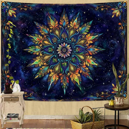 Vista 21 de Fowocu Tapiz bohemio con mandala floral para colgar en la pared, medallón de flores bohemias, tapiz estético, beige, naranja, hippie, indio, pequeño