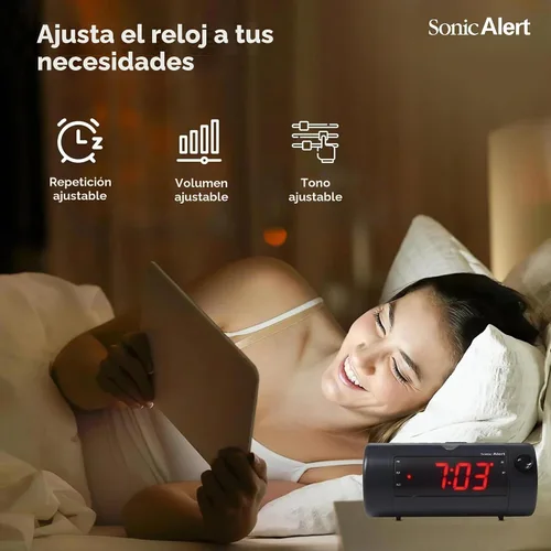 Vista 2 de Sonic Blast Bluetooth Speaker Projection Alarm Clock with Bed Shaker Negro