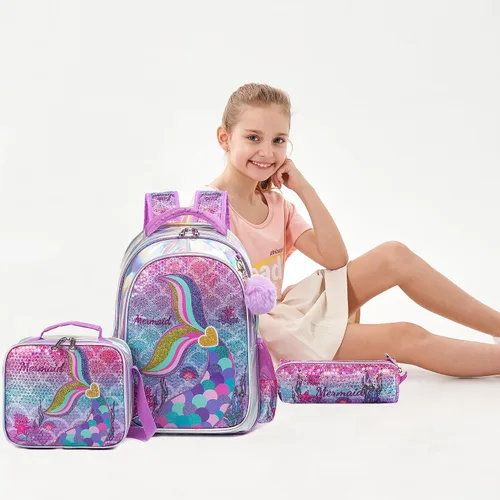 Vista 16 de Mochila para niñas de 16 pulgadas, mochilas para niñas para la escuela, mochila de lentejuelas con lonchera para estudiantes de primaria