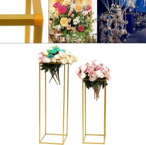 Vista 4 de 2 piezas de oro para boda soporte de flores geométricas de metal para decoración del hogar, estante rectangular de exhibición de flores, mesa