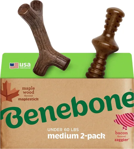 Vista 20 de Benebone - Paquete de 2 juguetes masticables duraderos para perros, diseño Maplestick/Zaggler, tocino real, madera de arce real, fabricados