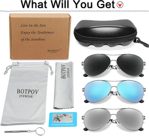 Vista 6 de BOTPOV Gafas de sol de aviador para hombres y mujeres, polarizadas, protección UV400, lente espejada, marco de metal con bisagras de resorte..
