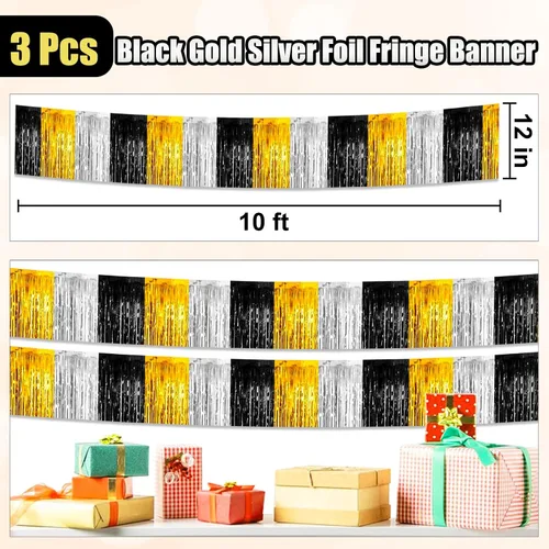 Vista 2 de Paquete de 3 guirnaldas de flecos de papel de aluminio negro dorado y plateado de 10 pies, pancarta metálica de oropel para colgar en la pared