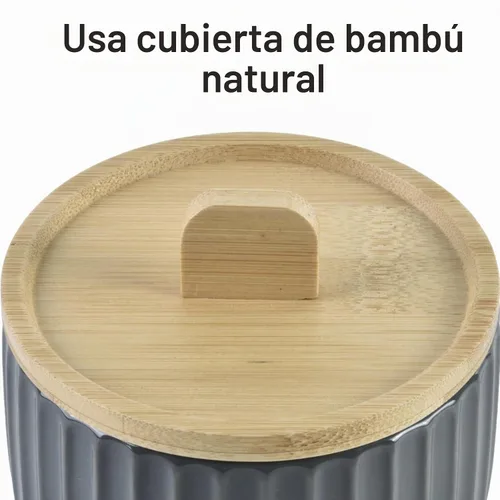 Vista 3 de Recipiente de sal con tapa de bambú, cuencos de cerámica de gran capacidad de 14 onzas, caja de pimienta, recipiente de condimentos de esmalte Negro