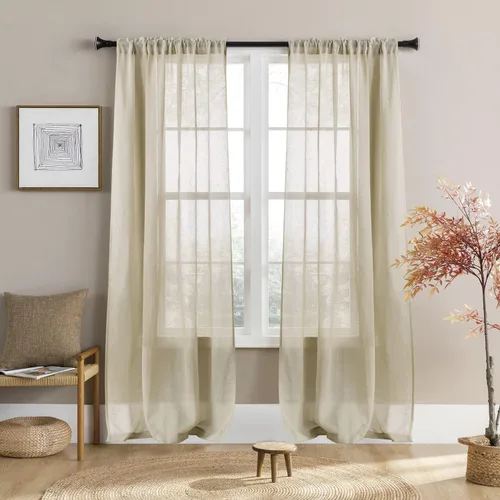 Vista 17 de Cortinas rústicas para ventana de cocina, cortinas de lino transparentes con bolsillo para barra para ventanas cortas, juego de 2 paneles, 42