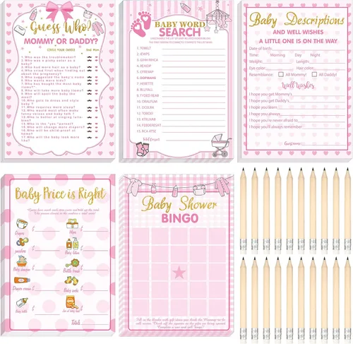 Vista 30 de Yinder 145 tarjetas de actividades para juegos de baby shower con 20 lápices, incluye descripción de bingo para bebés y deseos, adivina quién es