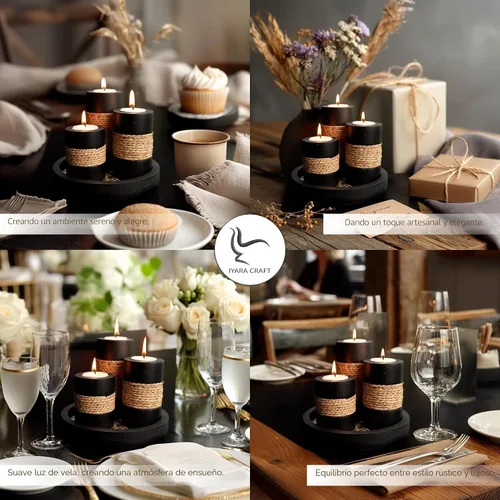 Vista 4 de IYARA CRAFT Portavelas Tealight con bandeja, juego de 3 portavelas de madera rústica negra con acento de cuerda natural, acogedor centro de mesa