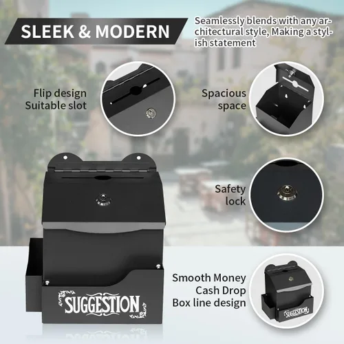 Vista 3 de Ydocabinit Caja de sugerencias de metal con letras de sugerencias, montaje en pared y mesa con soporte para bolígrafo con candado, 50 tarjetas