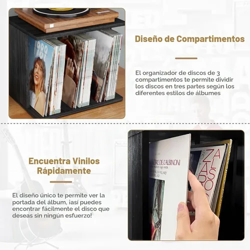 Vista 6 de Emfogo Vinyl Record Storage, Record Player Stand Wall Mount Up to 80-100 Albums, 3-Compartment Vinyl Record Holder, Black Negro