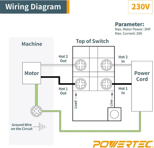 Vista 8 de Powertec 120V/230V Interruptor de paleta de voltaje dual con tornillos, 28 amperios, palanca de rodilla para herramientas eléctricas