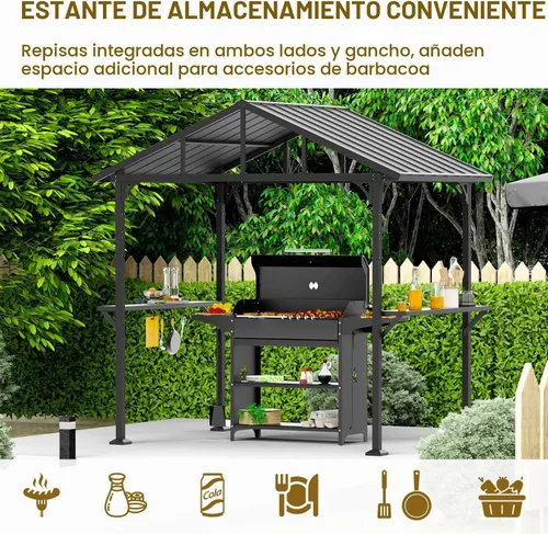Vista 5 de Gazebo de barbacoa de techo rígido de 8' x 5' para parrilla al aire libre, marco de aluminio resistente y techo de acero galvanizado, ideal para Gris