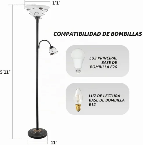 Vista 4 de VONLUCE Torchiere - Lámpara de pie con luz de lectura lateral, interruptor de 3 vías, combo de bronce antiguo, lámpara de pie para madre e hija