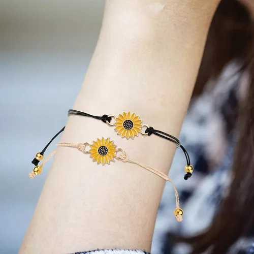 Vista 5 de 10 pulseras de girasol hechas a mano con cuerda trenzada ajustable para mujeres y niñas