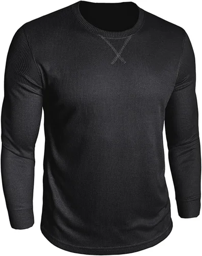 Vista 3 de Camiseta de punto gofre para hombre, camiseta casual de manga larga con cuello redondo, ropa de verano para hombre, camisa clásica básica sólida