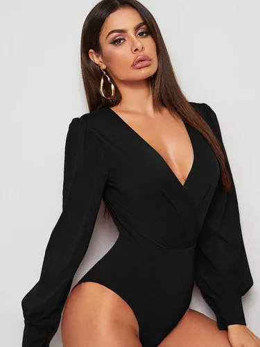 Vista 3 de SOLY HUX Body de manga larga con cuello en V para mujer, Negro