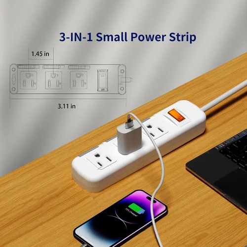 Vista 3 de Regleta de Enchufes Planos Ultra-Delgados Protector contra Sobretensiones 3 Tomacorrientes, Cable de Extensión 3 pies 3 Clavijas, 300J, 10A/1250W