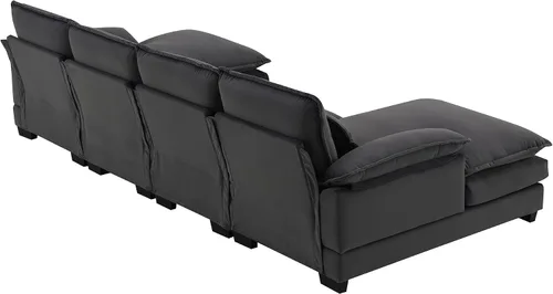Vista 9 de Moderno sofá modular en forma de U con almohadas para la cintura, sofá cama con diván, sofá tapizado simétrico de felpilla de 6 asientos para sala