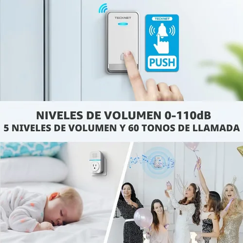 Vista 5 de TECKNET Timbre Inalámbrico, Timbre Autoalimentado, Timbre Inalámbrico de 0-110db con Enchufe para Casa y Aula, Timbre de Puerta Impermeable IP66