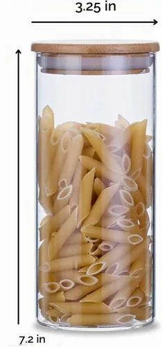 Vista 2 de Cestari Tarro de vidrio para almacenamiento de alimentos con tapa hermética de bambú, recipiente delgado de borosilicato de 24 onzas para granos
