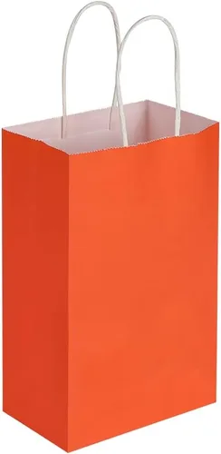 Vista 8 de Cada paquete de 100 bolsas pequeñas de papel kraft naranja y morado con asas a granel