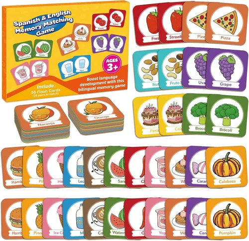 Vista 9 de Edulok Juego de tarjetas de memoria, juego de partidos para niños pequeños, aprender español para niños, tarjetas flash bilingües, juguetes