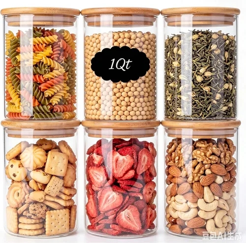 Vista 11 de Paquete de 6 tarros pequeños redondos de vidrio de 0.6 cuartos de galón con tapas de bambú Minimalist Kitchen Organizer,Pantry Storage