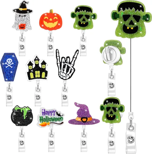 Vista 14 de Yexiya 9 piezas de portacarretes de insignias navideñas de acrílico retráctil con brillos y purpurina, carretes de insignias para días festivos