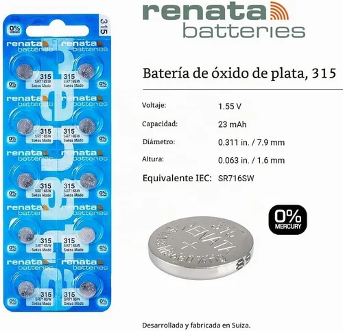 Vista 2 de Renata 315 SR716SW Baterías – 1.55 V Óxido de Plata 315 Batería de reloj (2 unidades)