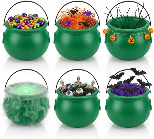 Vista 23 de PMU Caldero de Halloween 6 piezas de 3 pulgadas pequeño de bruja de plástico para caldero negro, para decoración de Halloween