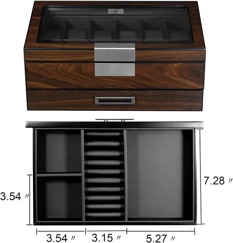 Vista 4 de Lifomenz Co Caja de reloj de madera para hombre organizador de joyas con cajón de valet 12 ranuras para reloj organizador de accesorios para hombre