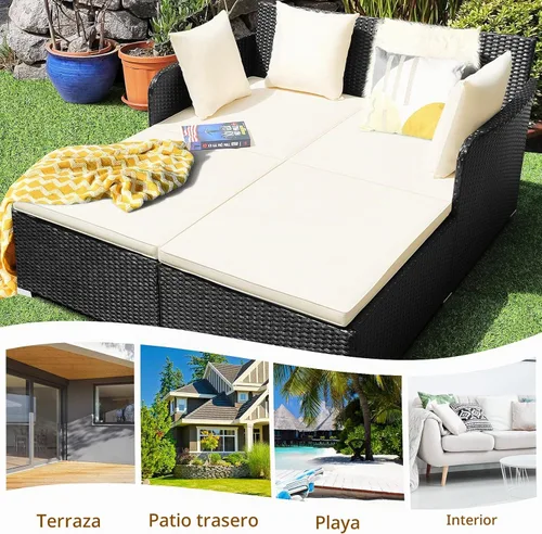 Vista 5 de HAPPYGRILL Sofá cama de ratán para exteriores, juego de sofá cama para patio con cojín y almohadas, pie de aluminio resistente, muebles de mimbre