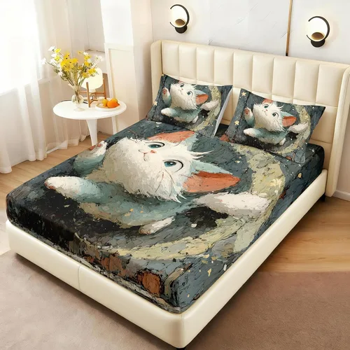 Vista 26 de AILONEN Lovely Bear - Juego de sábanas bajeras tamaño Queen, juego de ropa de cama con pajarita de dibujos animados para niños y niñas, sábana