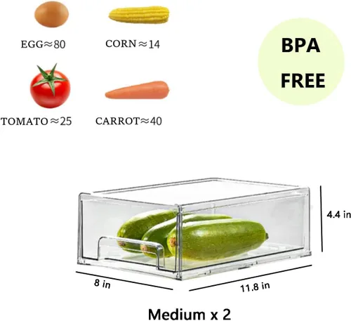 Vista 3 de MANO Paquete de 2 cajones transparentes para refrigerador, apilables, organizadores de cajones para refrigerador, caja de almacenamiento