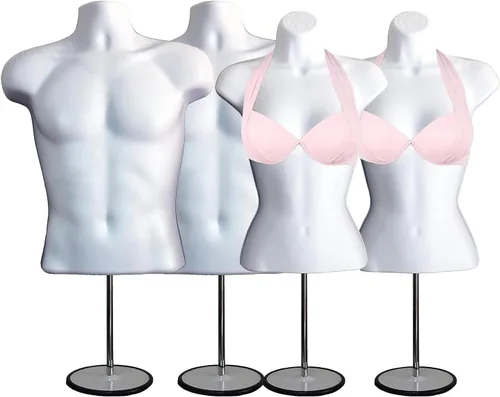 Vista 24 de Maniquí de torso masculino y femenino con soporte de metal, cuerpo con respaldo hueco, apilable, forma de vestido para exhibición de camisetas Negro