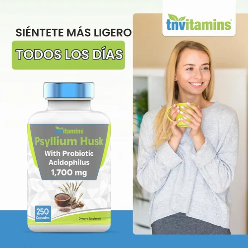 Vista 5 de tnvitamins Cápsulas de cáscara de psyllium 1700 mg - 250 cápsulas con probiótico Acidophilus Suplemento de fibra soluble y dietética extra