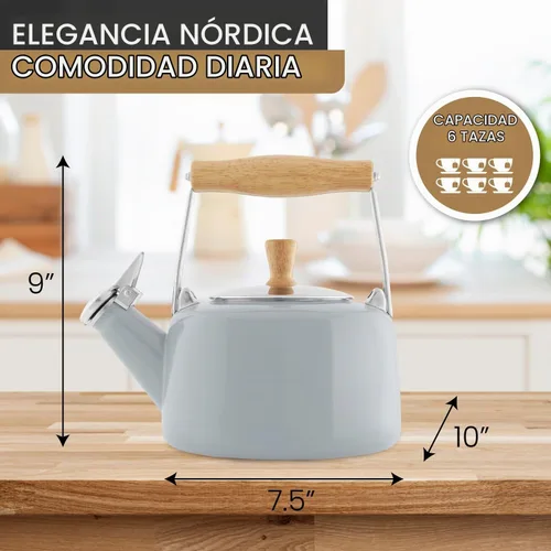Vista 3 de Chantal SVEN - Tetera silbante esmaltada sobre acero con mango de madera natural, 1.4 cuartos (gris niebla)