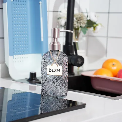 Vista 2 de Dispensador de jabón de vidrio para manos y platos de baño y cocina con bomba de acero inoxidable 304 a prueba de óxido (gris)