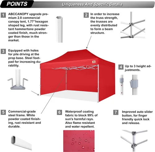 Vista 3 de ABCCANOPY - Tienda de campaña con dosel de primera calidad, sombra instantánea comercial, 10 x 15, serie premium, rojo