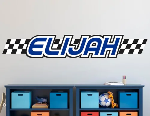 Vista 9 de Decoración de habitación de coches, calcomanía de pared con nombre de bandera de carreras, arte de pared personalizado para niños, bebés y niños