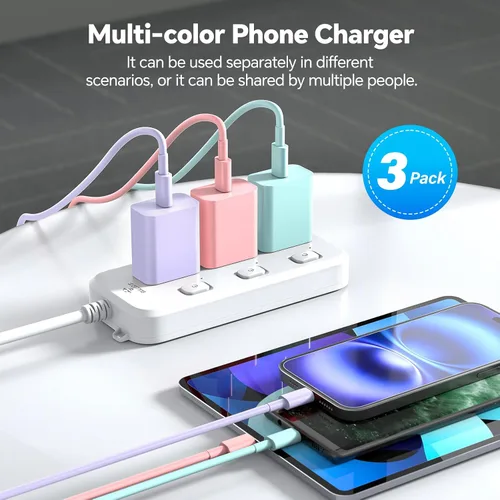 Vista 5 de Cable de carga rápida de 10 pies + bloque de cargador USB C de 20 W - azul, verde y rosa