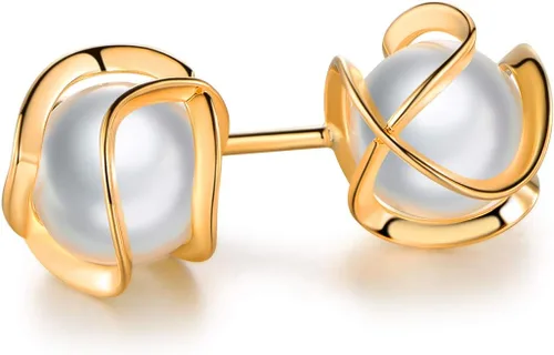 Vista 5 de Barzel Pendientes de botón con perla enjaulada chapados en oro de 18 quilates, 6MM - Hecho en Brasil