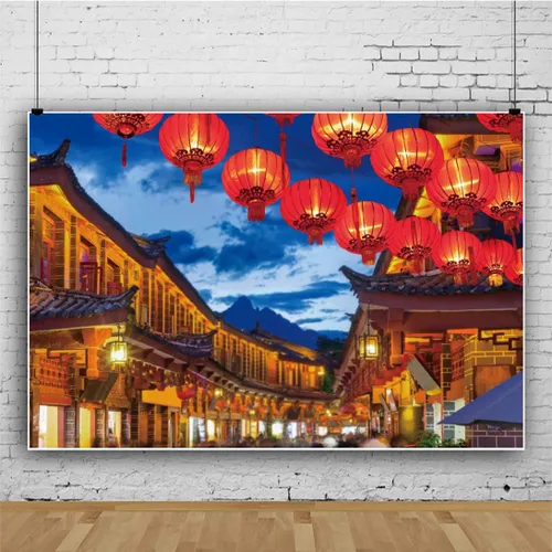 Vista 3 de Haoyiyi Fondo de año nuevo chino de 10 x 6.5 pies 2025 Festival de primavera de China Lijiang Town noche linterna roja cielo azul fotografía telón