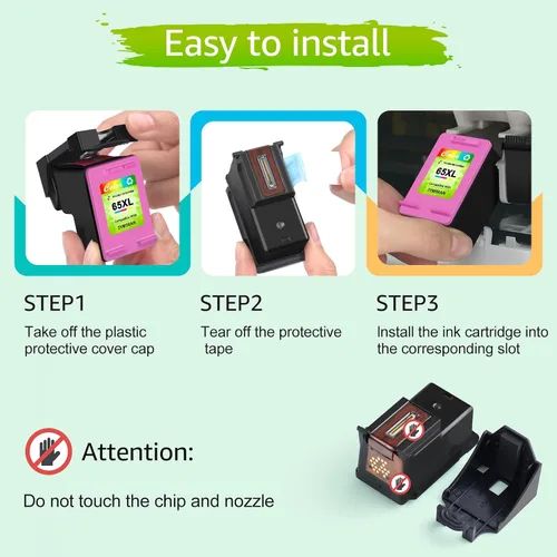 Vista 7 de Cartuchos de tinta 65XL de alto rendimiento remanufacturados de repuesto para HP Ink 65, paquete combinado negro y color compatible con impresora