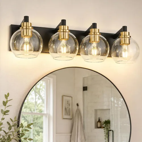 Vista 18 de Accesorios de iluminación de baño, luz de tocador mate negra de 2 luces, apliques de pared modernos con pantalla de globo de vidrio transparente