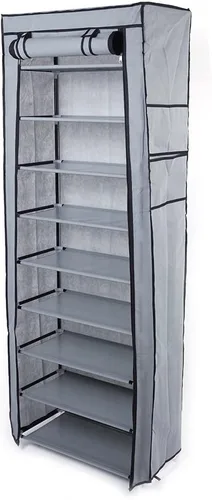 Vista 2 de Zapatero de 10 niveles, organizador de almacenamiento de zapatos, torre con cubierta a prueba de polvo, armario de zapatos, torre (gris)