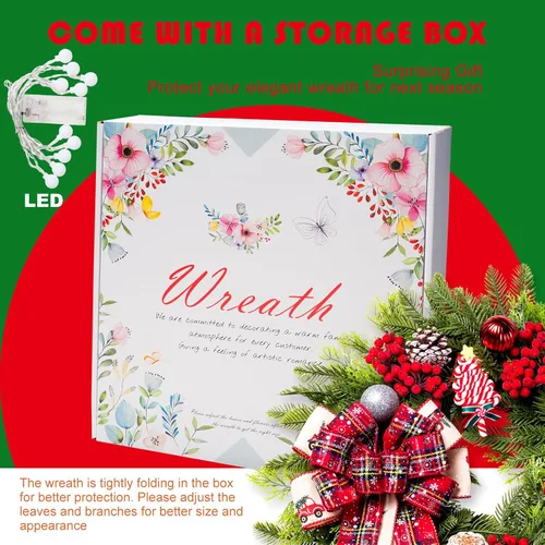 Vista 3 de Coronas de Navidad para puerta delantera, corona de puerta de Navidad artificial iluminada de 20 pulgadas con lazo de bola de piruletas de caramelo