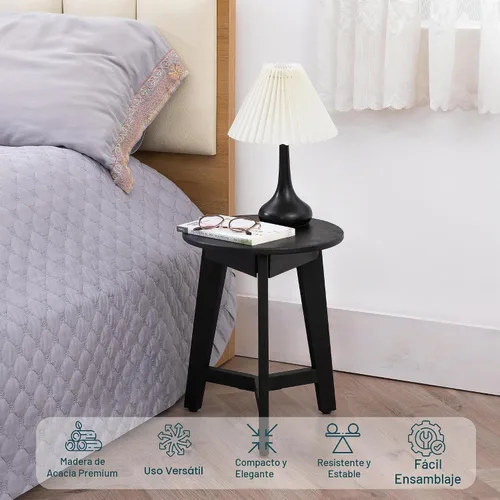Vista 6 de VICTORY RELAX Mesa auxiliar redonda – Mesa auxiliar de madera de acacia maciza para sala de estar o dormitorio – Acabado de madera negra, mesita
