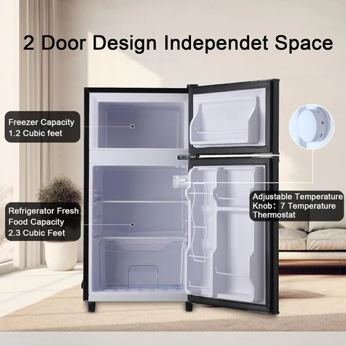 Vista 6 de WANAI Refrigerador compacto de 3.5 pies cúbicos de doble puerta con congelador, refrigerador pequeño con 7 modos TEMP, ahorro de energía, bajo ruido